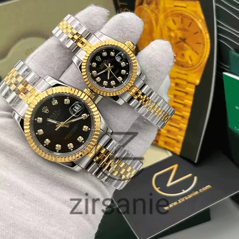 ساعت مچی رولکس دیت جاست سیلور طلایی صفحه مشکی اندکس نگین (ست) Rolex Datejust Silver Golden Black Screen Diamond Index — تصویر ۳
