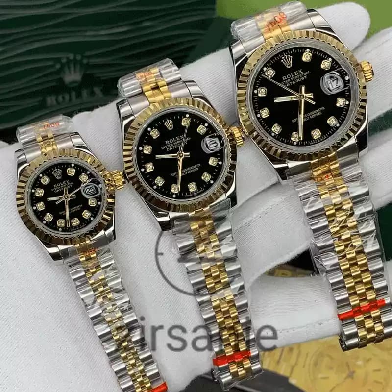 ساعت مچی رولکس دیت جاست سیلور طلایی صفحه مشکی اندکس نگین (ست) Rolex Datejust Silver Golden Black Screen Diamond Index — تصویر ۵