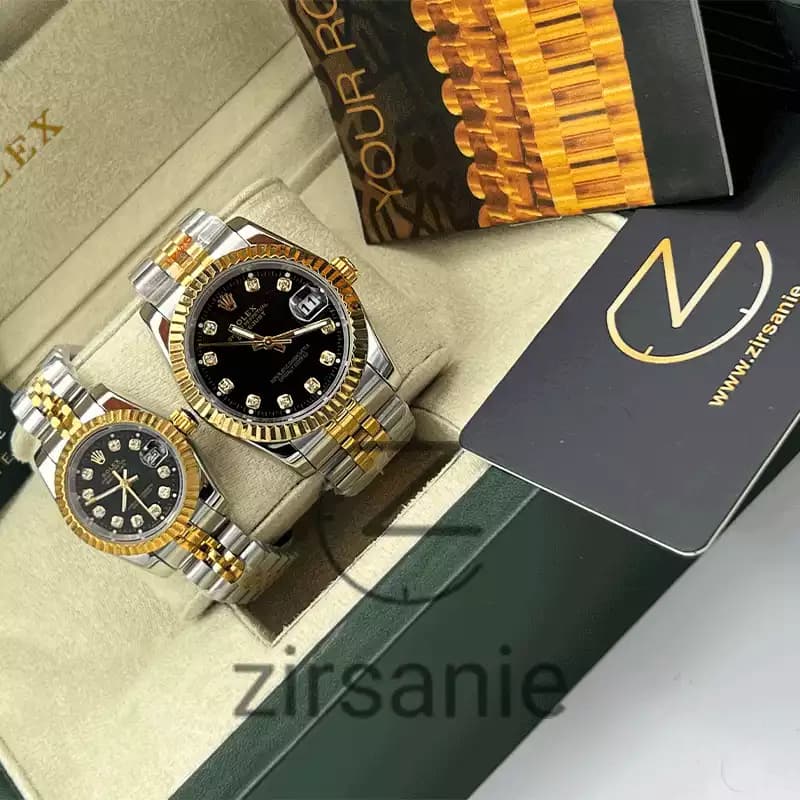 ساعت مچی رولکس دیت جاست سیلور طلایی صفحه مشکی اندکس نگین (ست) Rolex Datejust Silver Golden Black Screen Diamond Index — تصویر ۲