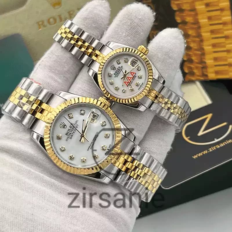 ساعت مچی رولکس دیت جاست دو رنگ سیلور طلایی صفحه صدف اندکس نگین (ست) Rolex Datejust Silver Golden Pearl Screen Diamond Index — تصویر ۲