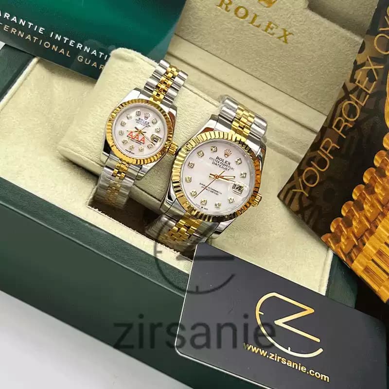 ساعت مچی رولکس دیت جاست دو رنگ سیلور طلایی صفحه صدف اندکس نگین (ست) Rolex Datejust Silver Golden Pearl Screen Diamond Index — تصویر ۳