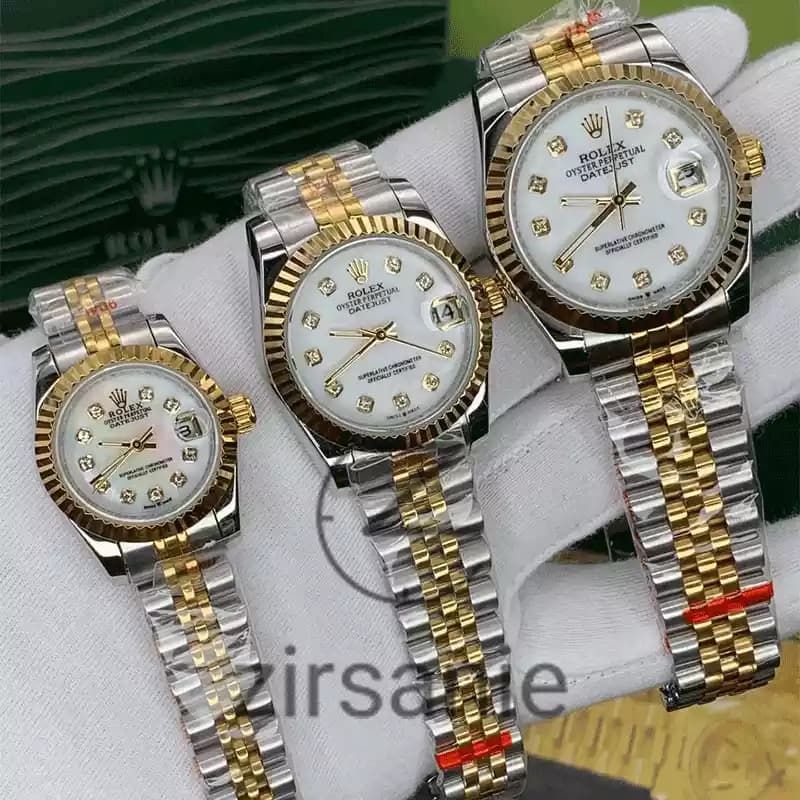 ساعت مچی رولکس دیت جاست دو رنگ سیلور طلایی صفحه صدف اندکس نگین (ست) Rolex Datejust Silver Golden Pearl Screen Diamond Index — تصویر ۵