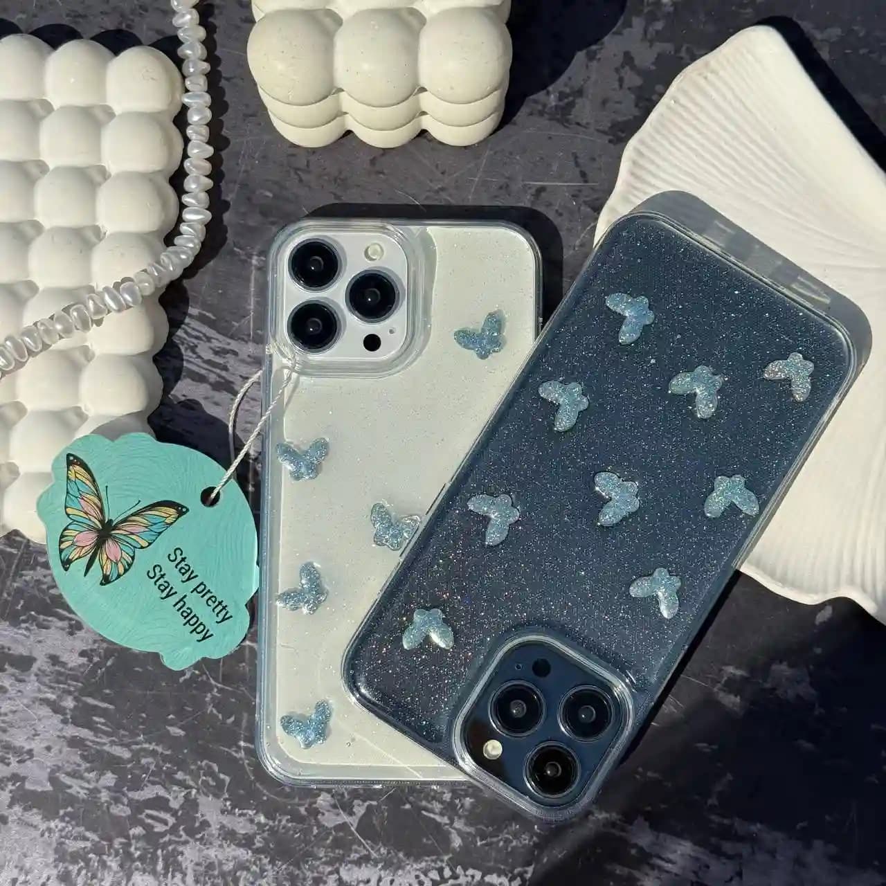 قاب پروانه شاین آبی مدل butterfly Glitter crystal برای IPHONE 13/14 — تصویر ۲
