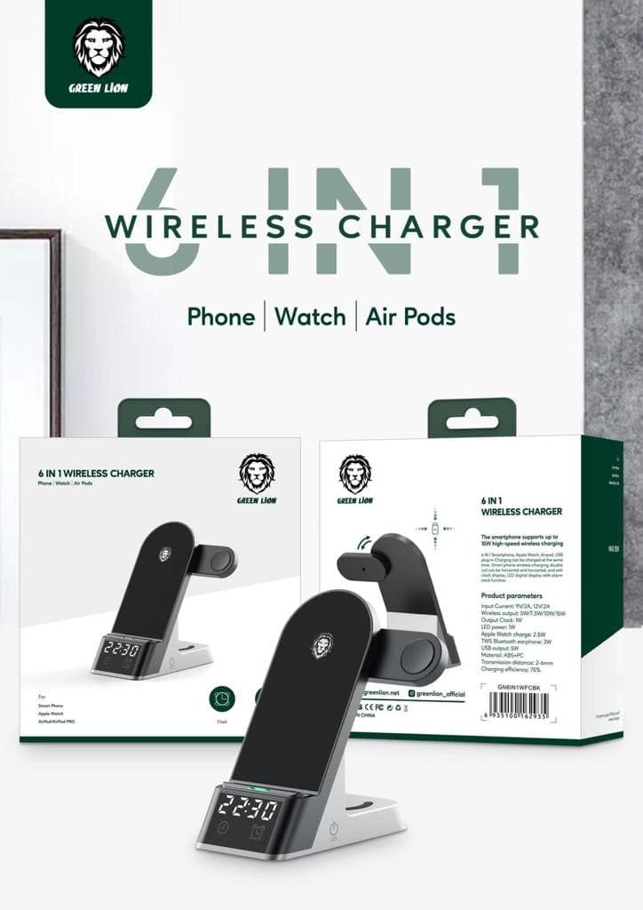 شارژر وایرلس 6 کاره گرین لیون مدل Green 6 in 1 Wireless Charger GN6IN1WFCBK با توان 15W — تصویر ۳