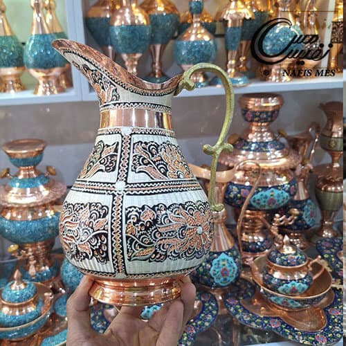 پارچ مسی نقره کوب دسته برنجی طرح ترک
