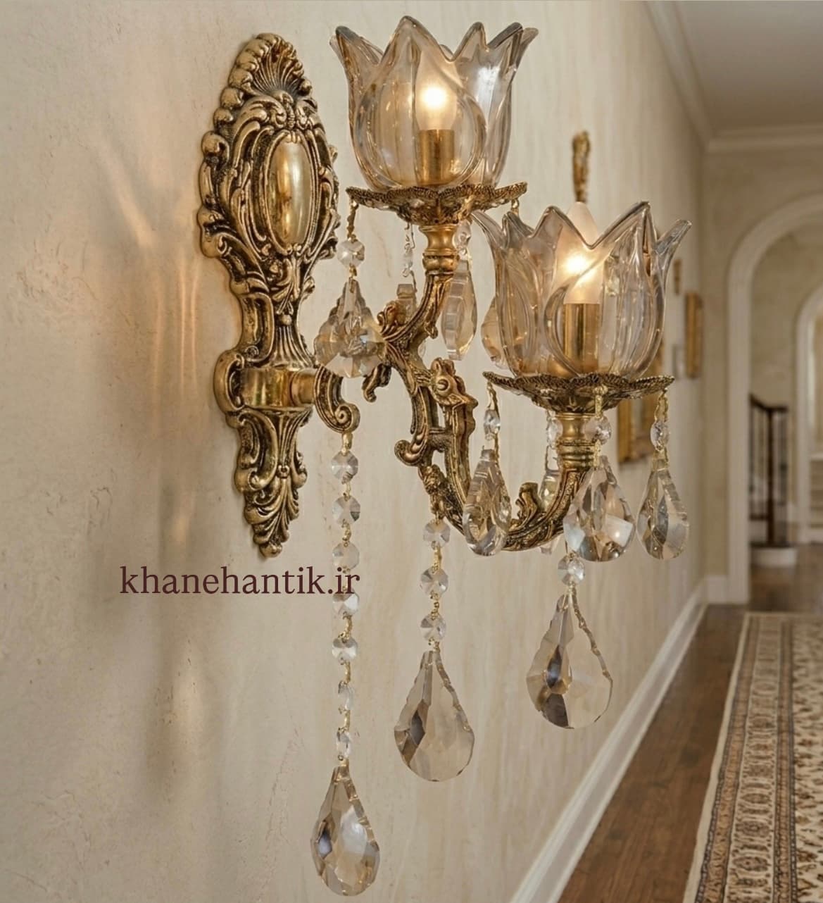 لوستر دیواری (دیوارکوب)برنزی مدل دو گل دو شعله