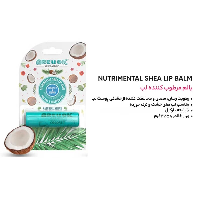 بالم لب آریواُکی مدل نارگیل حجم 4 میلیلیتر حاوی روغن نارگیل و جوجوبا، رطوبترسان و محافظتکننده با ویتامین E برای نرمی و لطافت پوست لب — تصویر ۳