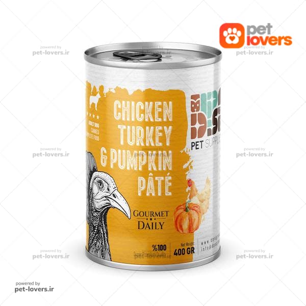 کنسرو مخصوص سگ بالغ طعم پته مرغ و بوقلمون و کدو DPS وزن 400 گرم