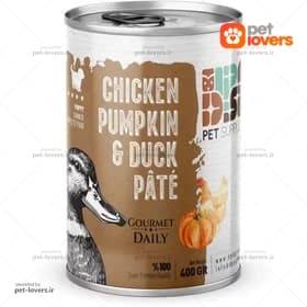 کنسرو مخصوص توله سگ طعم پته گوشت مرغ و گوشت اردک و کدو تنبل DPS وزن 400 گرم