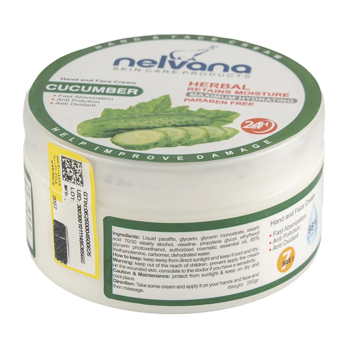 کرم مرطوب کننده و آبرسان دست وصورت حاوی عصاره خیار نلوانا | 200 گرم