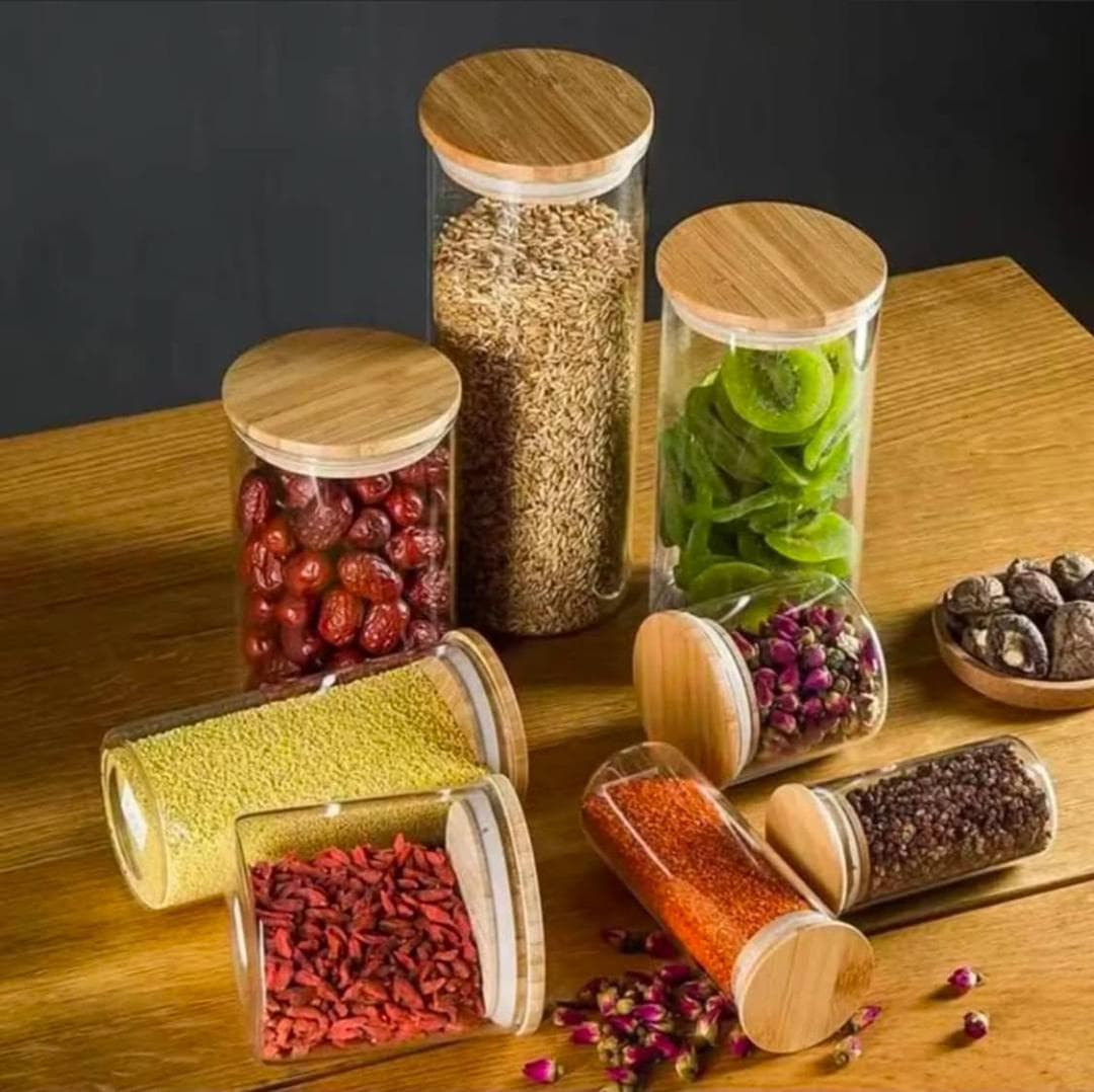 جا ادویه(بانکه) پیرکس گرد قطر 6.5 سانت درب چوبی کورنینگ Corning در 7 سایز