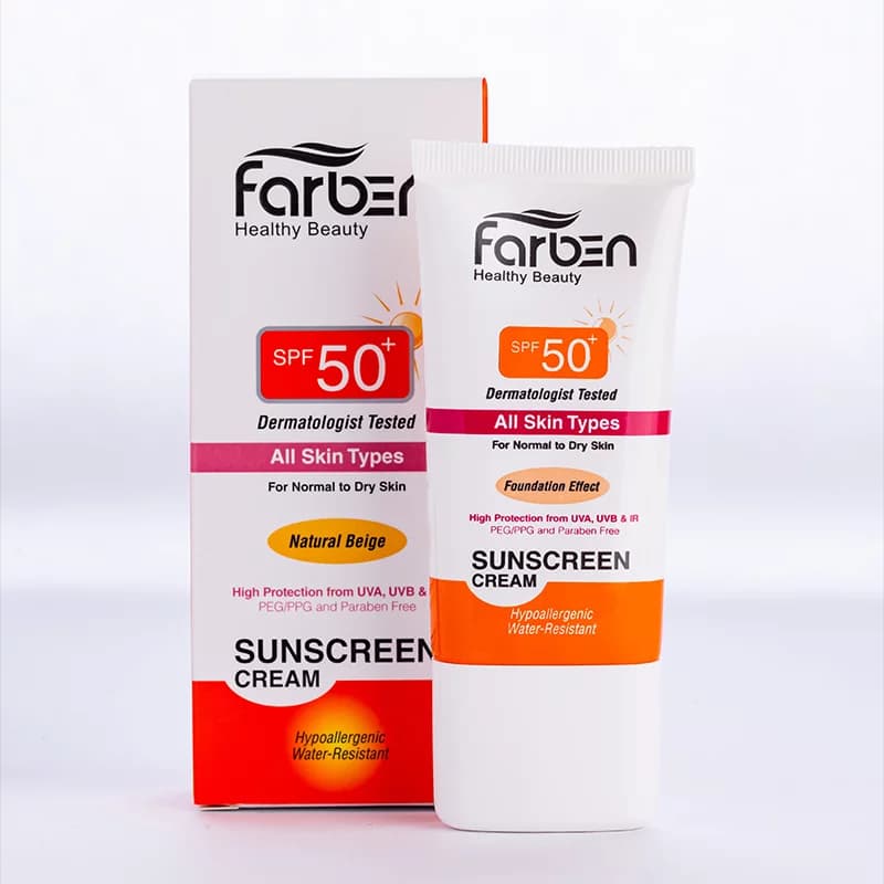 کرم ضد آفتاب رنگی بژ طبیعی فاربن spf 50 مناسب پوست خشک حجم 50 میل