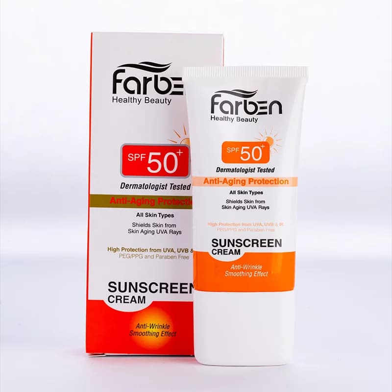 کرم ضد آفتاب رنگی ضد چروک فاربن بژ روشن spf 50 مناسب انواع پوست حجم 50 میل