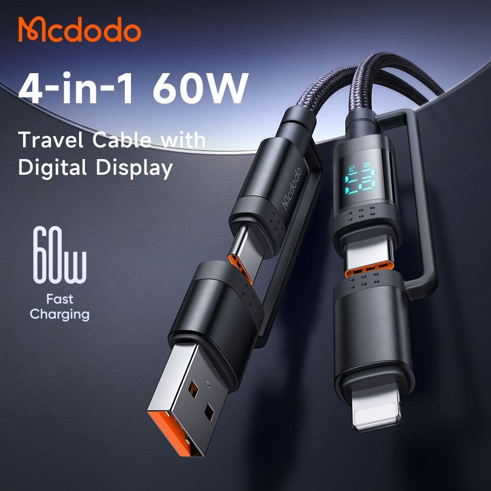 کابل شارژ و دیتا چندسر 4 کاره لایتنینگ + تایپ سی مک دودو مدل MCDODO CA-1990 با نمایشگر دیجیتال — تصویر ۳