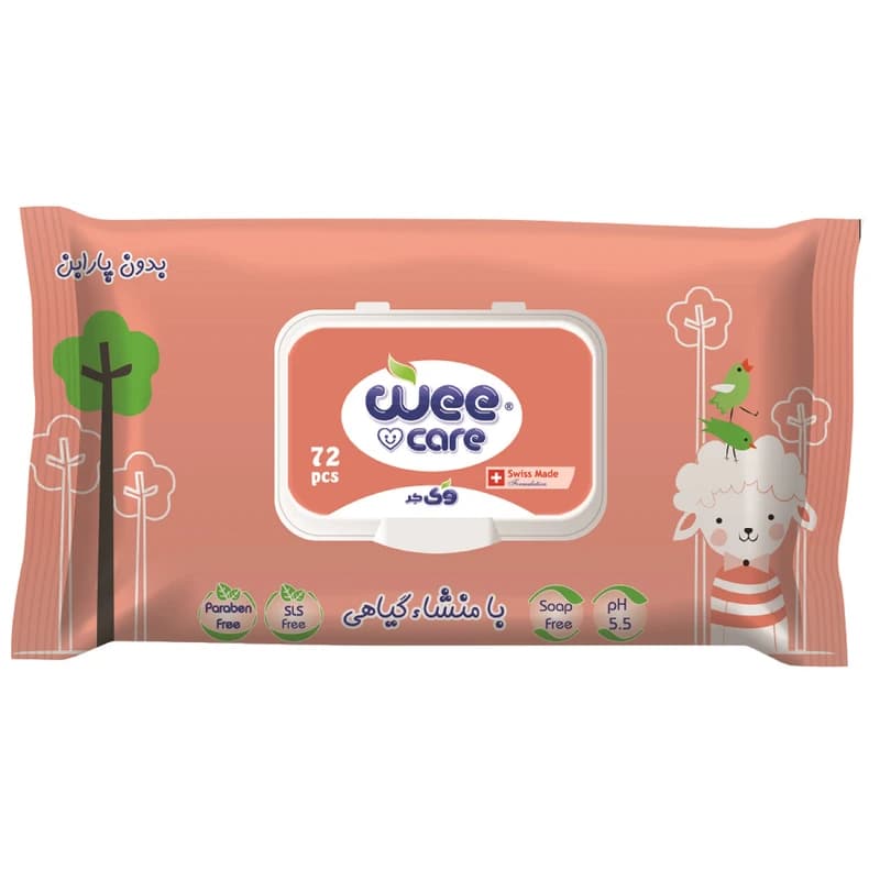 دستمال مرطوب کودک وی کر (Wee Care) پاکتی درب دار حاوی روغن بادام وی کر بسته 72برگی