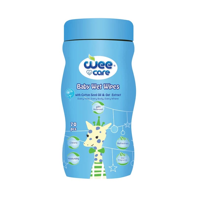 دستمال مرطوب کودک وی کر (Wee Care) مدل عصاره جو و روغن پنبه دانه سیلندری بسته 70 عددی — تصویر ۳