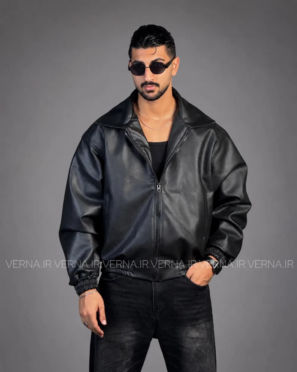 کاپشن چرم مردانه باکسی پایین کش ZARA