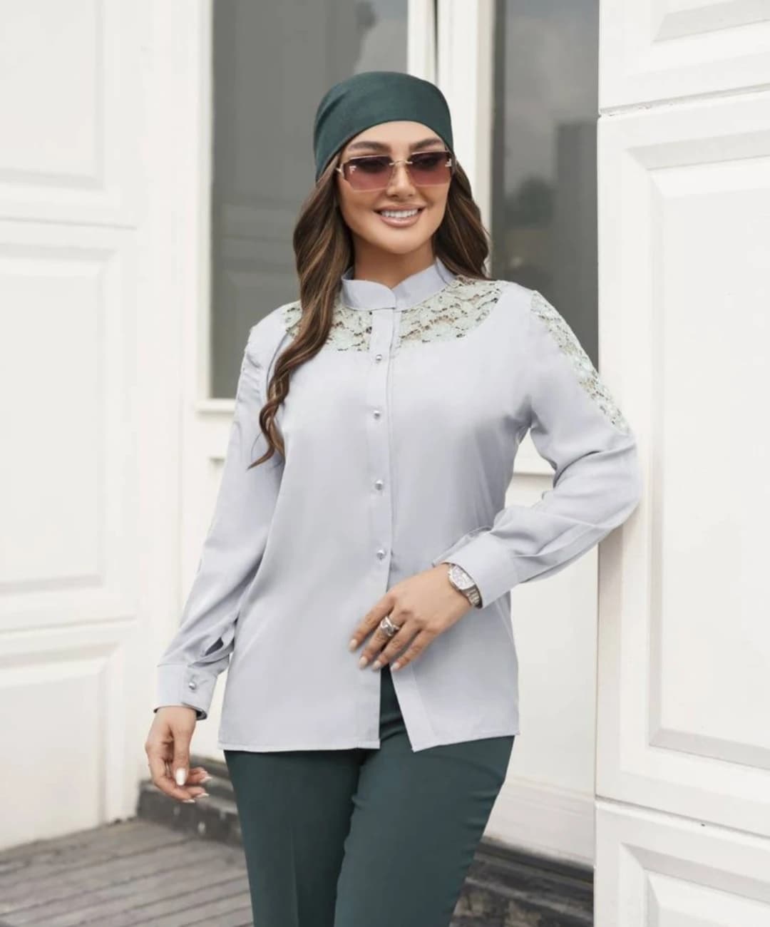 شومیز لیوسل یقه ایستاده خرجکار گیپور مدل بهارلو |کد:7030 — تصویر ۵