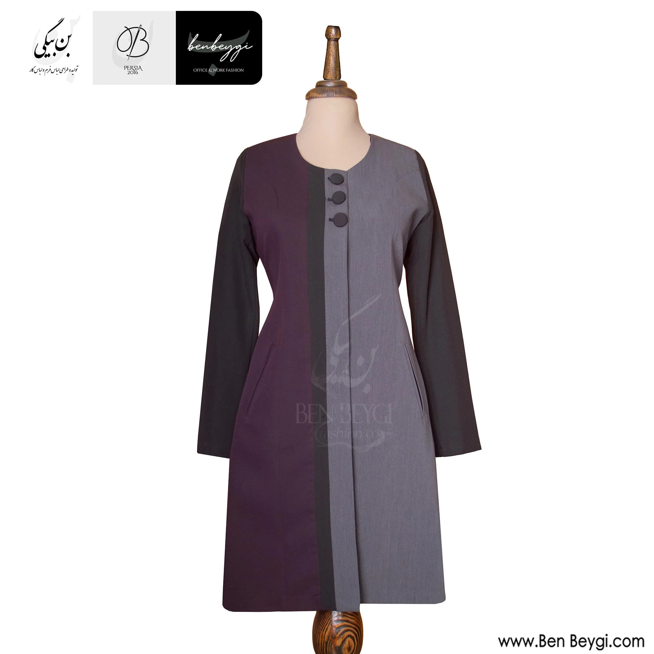 مانتو شلوار اداری دو رنگ زرشکی و طوسی یقه گرد پارچه فیونا کد 30365
