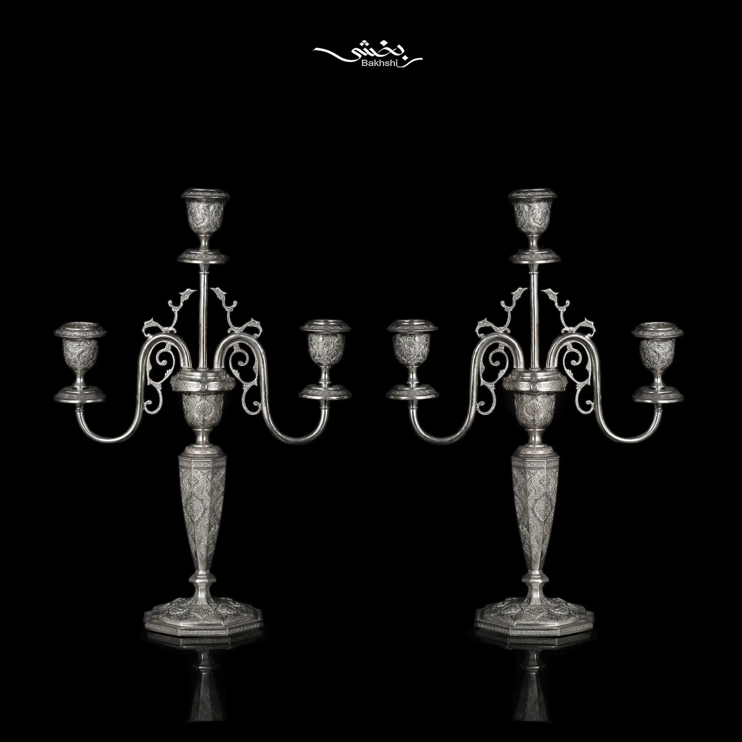 شمعدان نقره سه شاخه ترنج ریزقلم اعلا