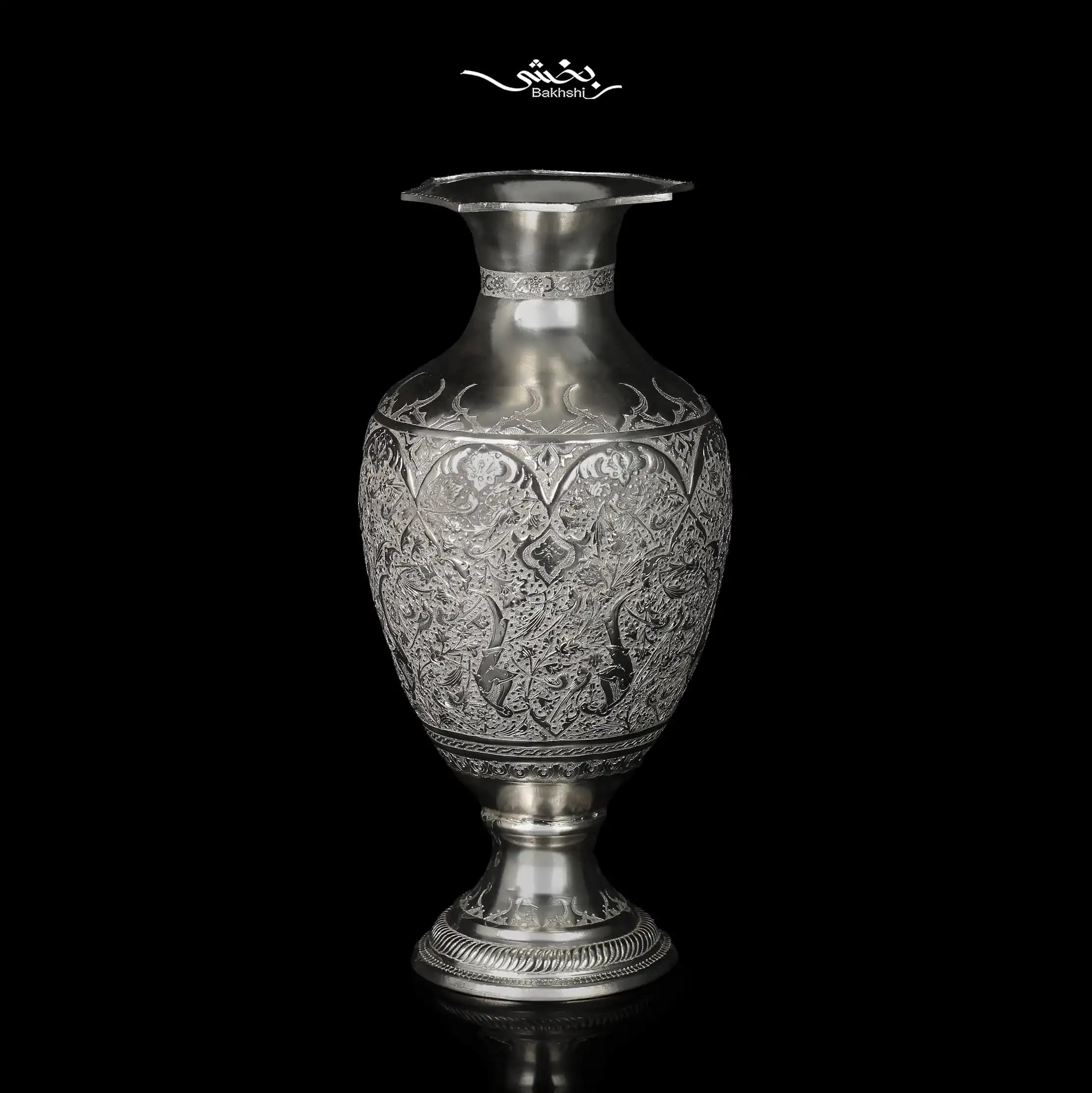 گلدان شکم دار نقره قلم گل و مرغ