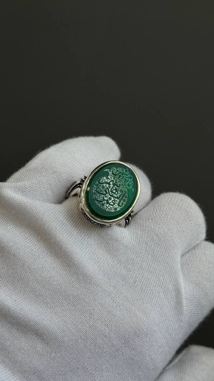 انگشتر نقره عقیق سبز خطی مردانه — تصویر ۴