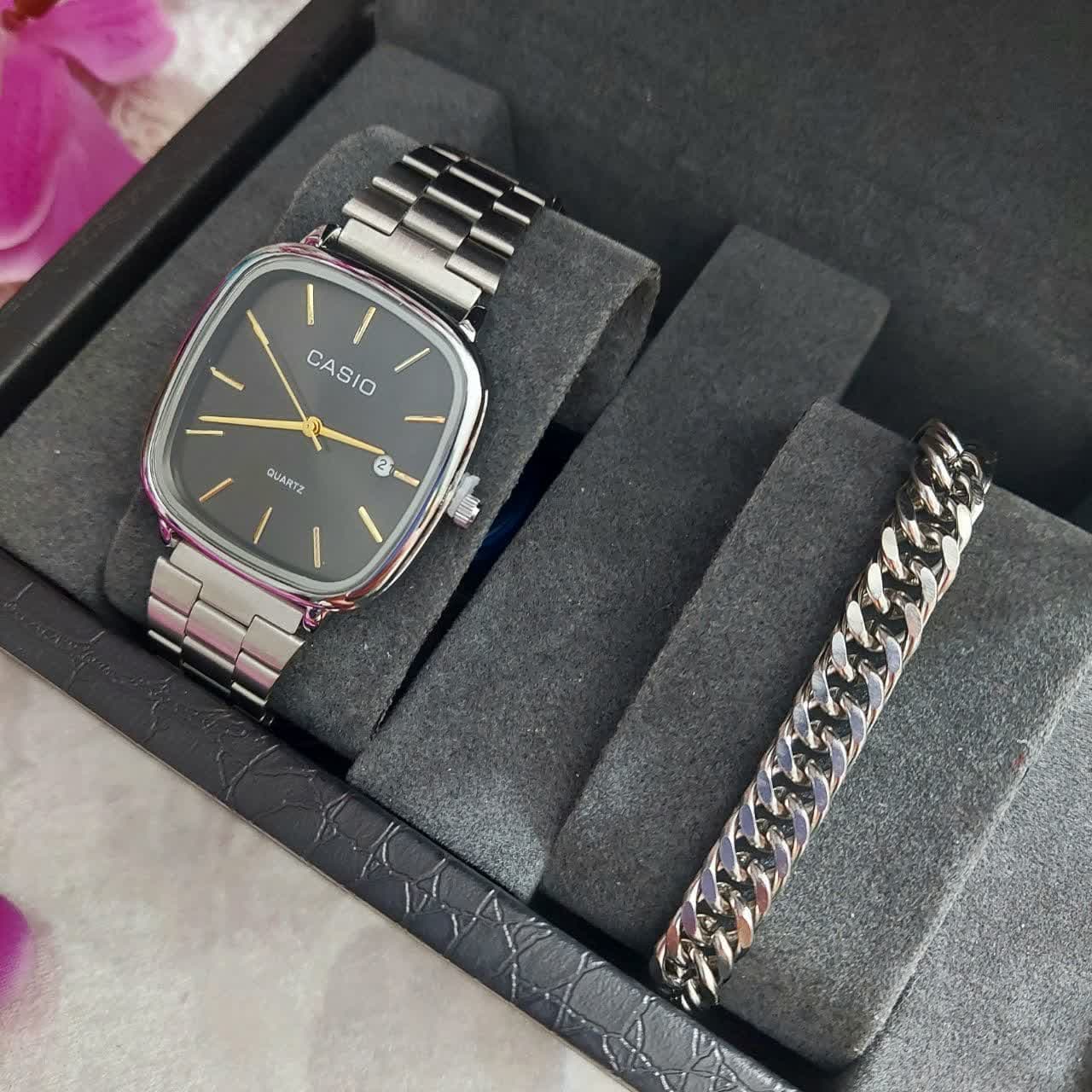 ساعت مردانه کاسیو Casio نقره ای همراه دستبند و حلقه انگشتر — تصویر ۴