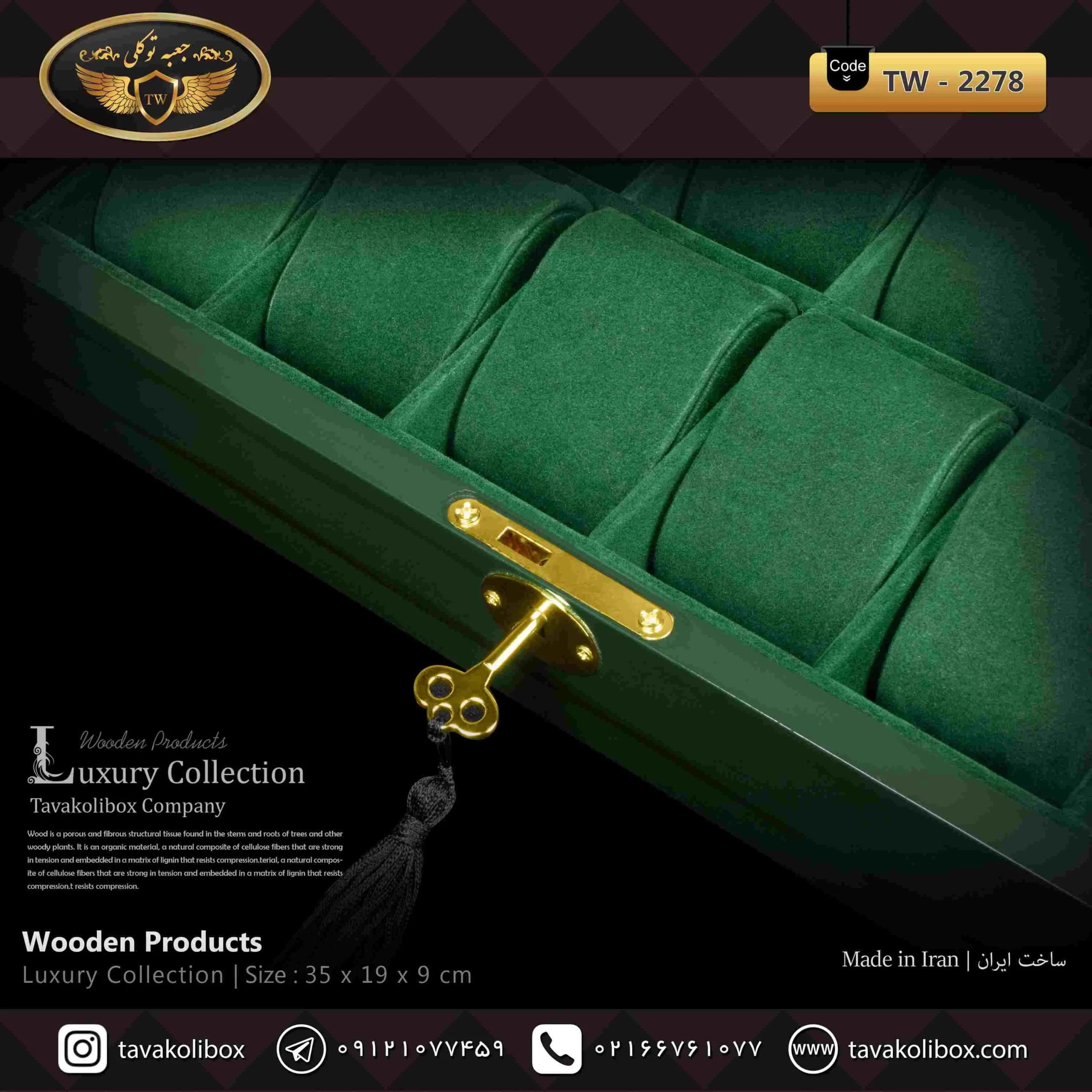 جعبه ساعت لوکس 12 خونه کلیددار بالشتک لوکس رنگ سبز مدل : TW-2278 — تصویر ۳