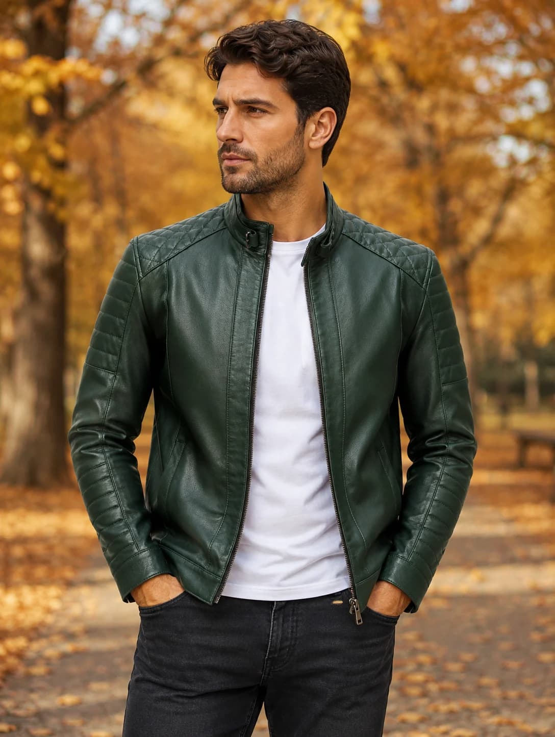 کاپشن چرم سبز مردانه K515 – چرم طبیعی گوسفندی – سایز 48 تا 60 — تصویر ۲