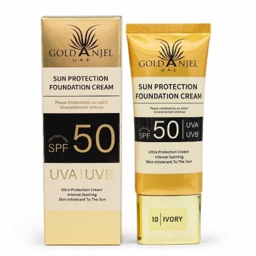 کرم پودر ضدآفتاب SPF 50 گلد آنجل (Gold Anjel) مدل Ultra Protection درصد بافت سبک و نرم کاور عالی حاوی هیالورونیک اسید