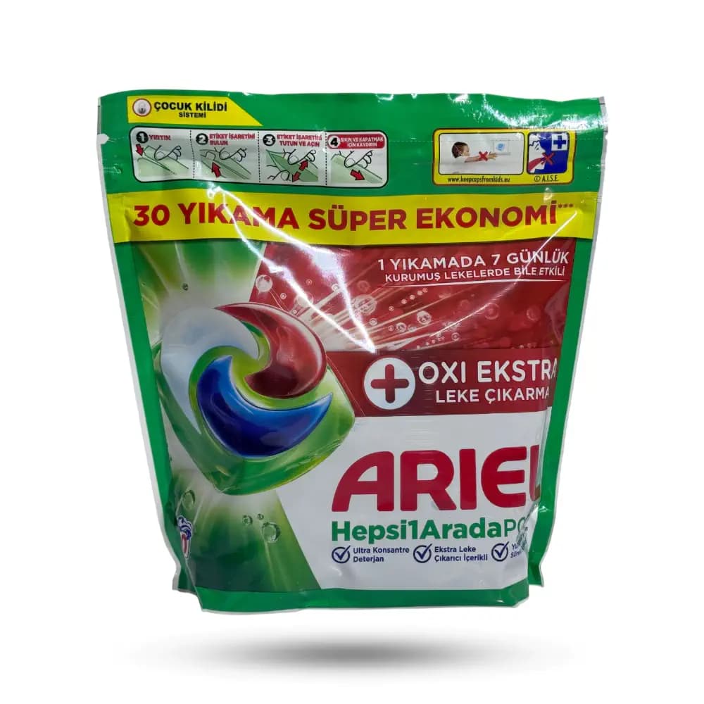 قرص ماشین لباسشویی بالشتکی آریل oxi ekstra بسته 30 عددی — تصویر ۲