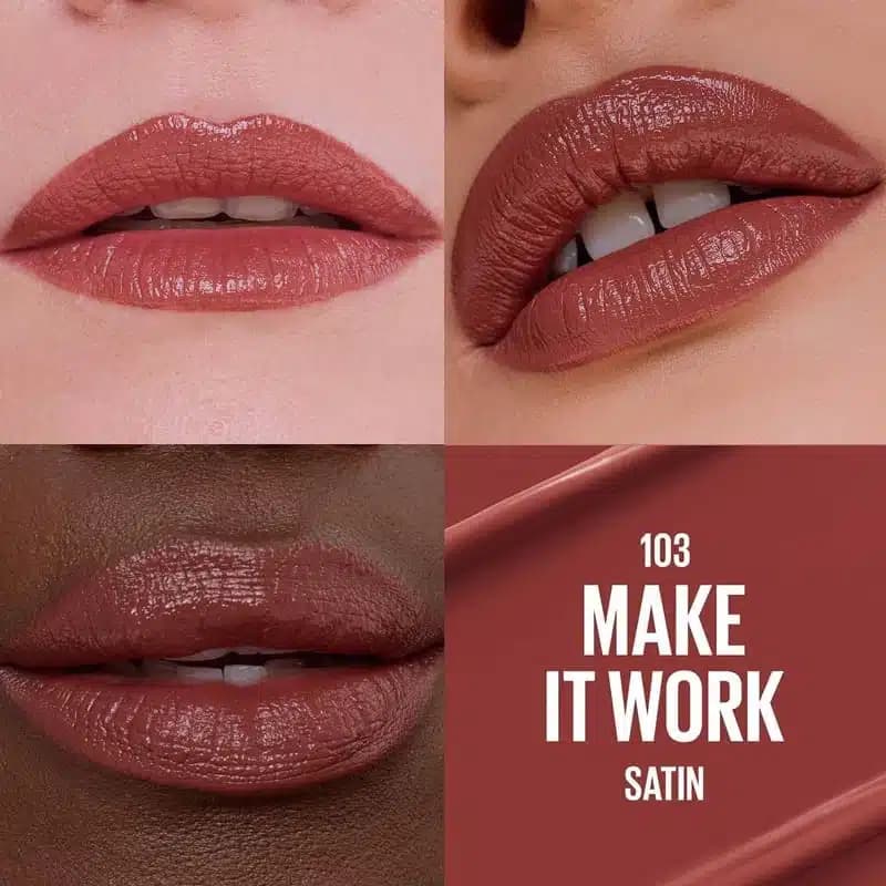 رژلب جامد ساتنی میبلین Maybelline مدل Moisturizing Serum Lipstick کد 103 رنگ Make It Work — تصویر ۳
