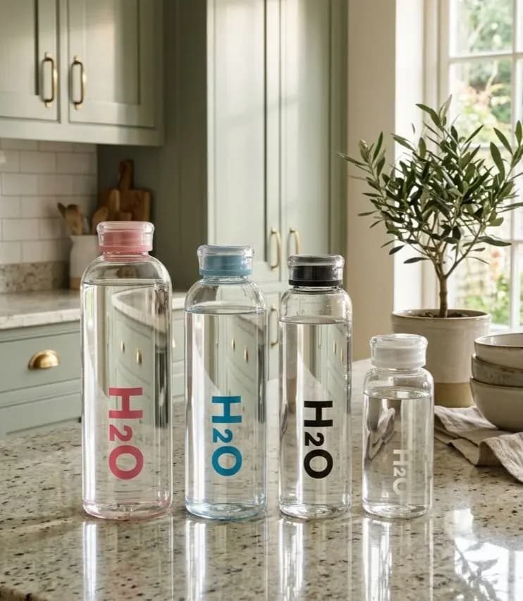 بطری آب پیرکس طرح H2O (درب رنگی ) - 4 سایز و 4 رنگ