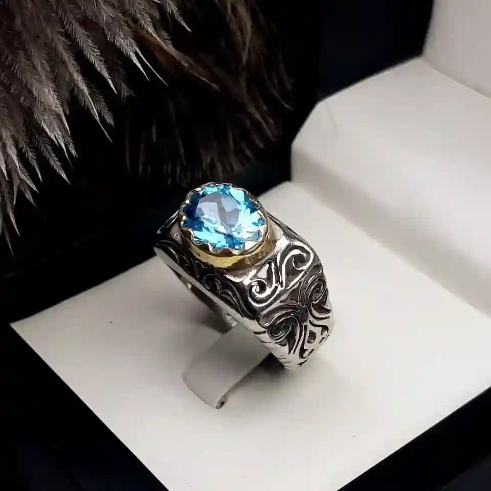 انگشتر مردانه توپاز آبی کد 2159