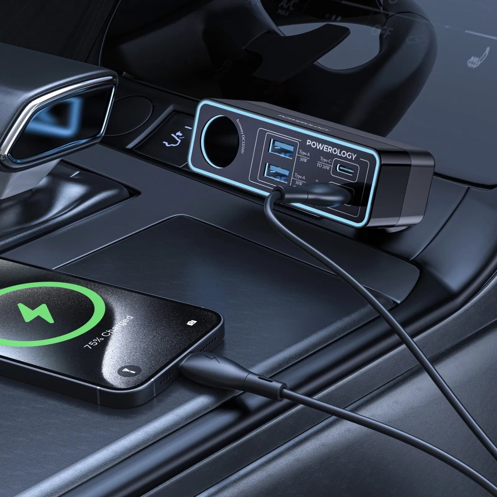 POWEROLOGY Brio 125W MULTI-PORT CAR CHARGERشارژر فندکی پاورولوژی توان 125 وات مدل PWDA58BK — تصویر ۲