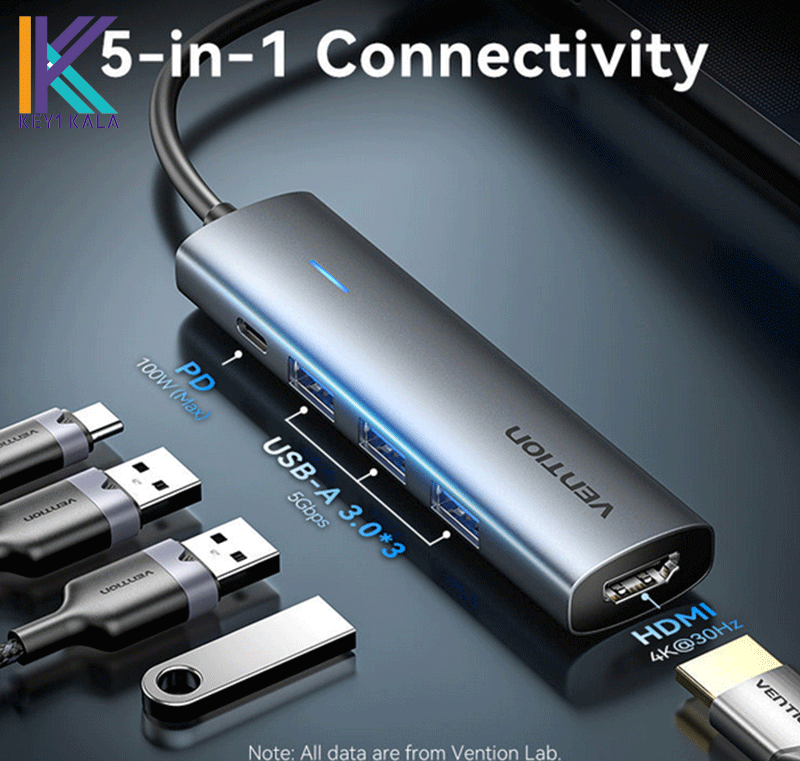 USB 3.0 to USB 3.0 x 3/RJ45/USB-C Hub 0.15M Blue Aluminum Alloy Type هاب — تصویر ۵