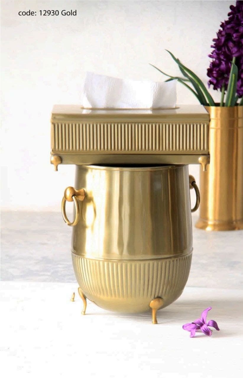 سطل و جای دستمال کاغذی هندی نیوسان مدل 12930 طلایی استیل برنج