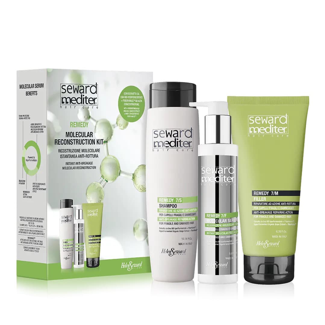 پک ترمیمکننده هلن سوارد مناسب موهای آسیب دیده شامل شامپو، فیلر و سرم helen seward mediter remedy molecular reconstruction kit