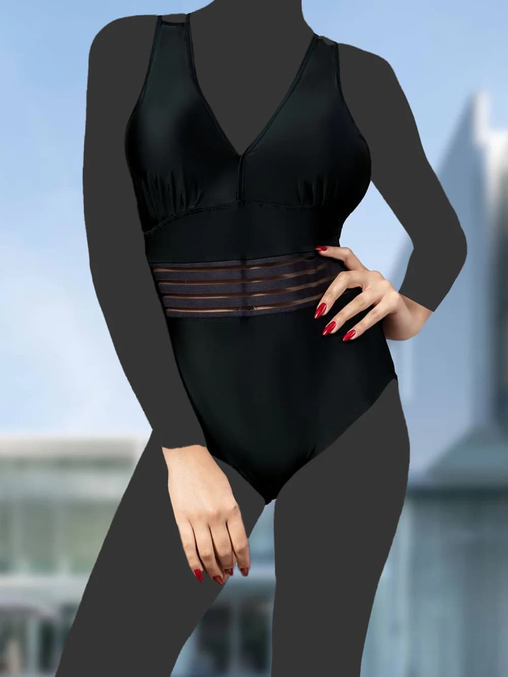 مایو زنانه اسلیپ خاص کمر شیشه ای راه راه مشکی رنگ اسپیدو ( Speedo ) کاپ دار — تصویر ۳