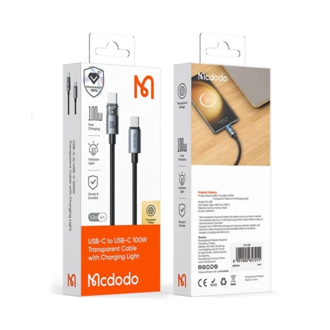 کابل شارژ سریع و دیتا دو سر تایپ سی شفاف 100 وات Mcdodo CA-558 طول 1.2 متر — تصویر ۸