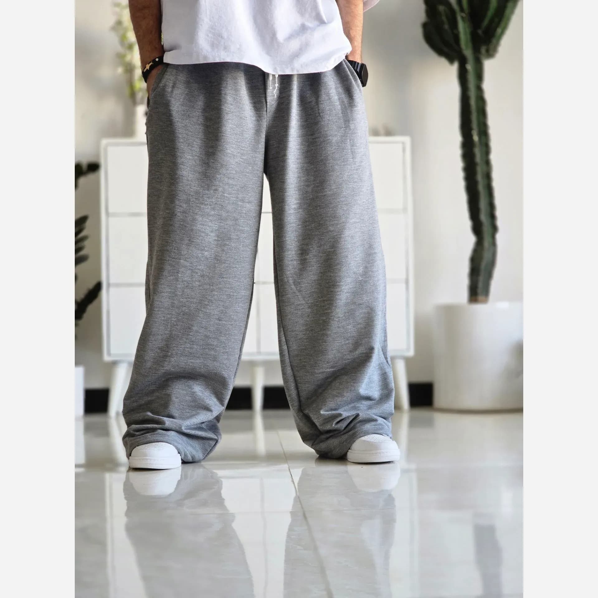 شلوار اسلش فول بگ مشکی طوسی برفی سایز XXL XXXL مناسب آقایان و خانم ها قد 115 — تصویر ۷