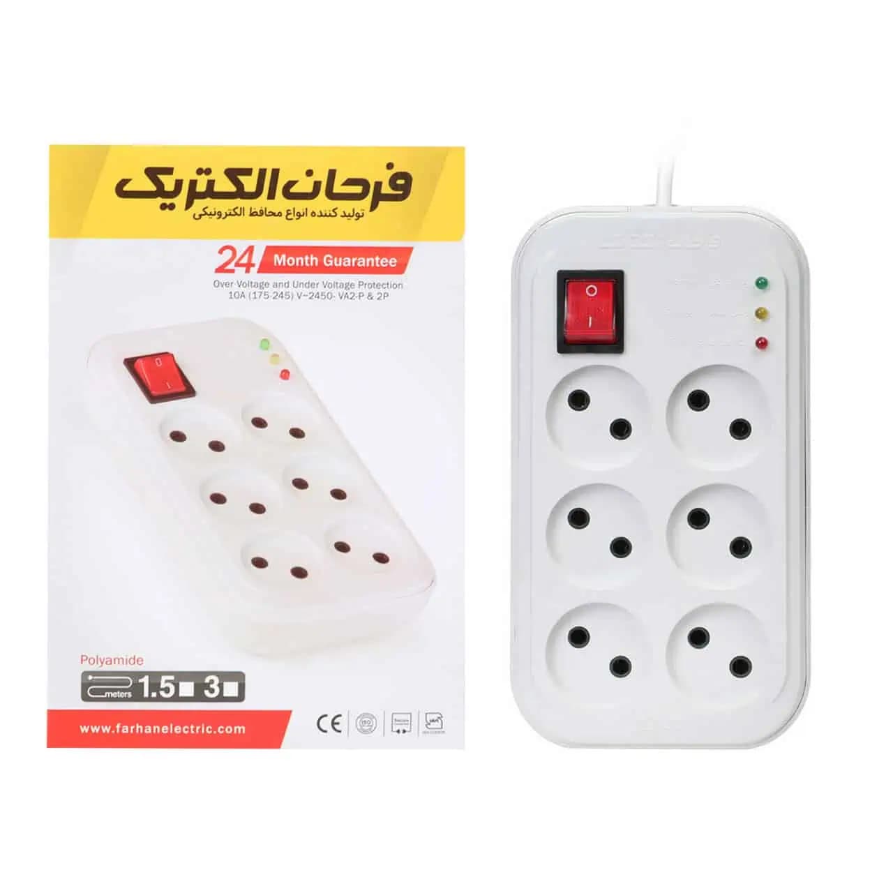 چند راهی محافظ برق فرحان الکتریک 6 خانه کلید دار 3 متری مدل FP666 — تصویر ۲