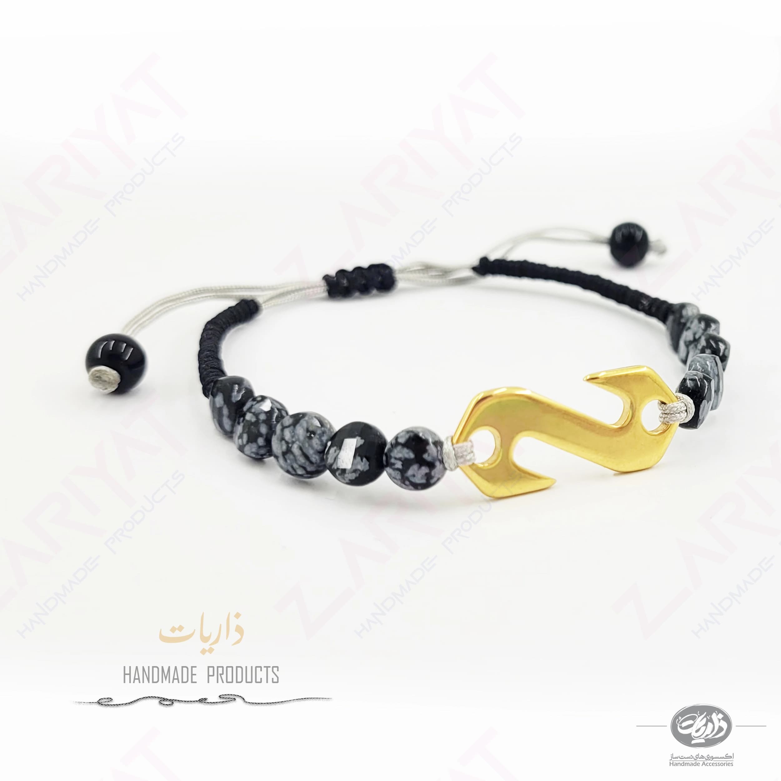 دستبند سنگ آبسیدین لکه برفی و پلاک استیل ذاریات کد 548 — تصویر ۵