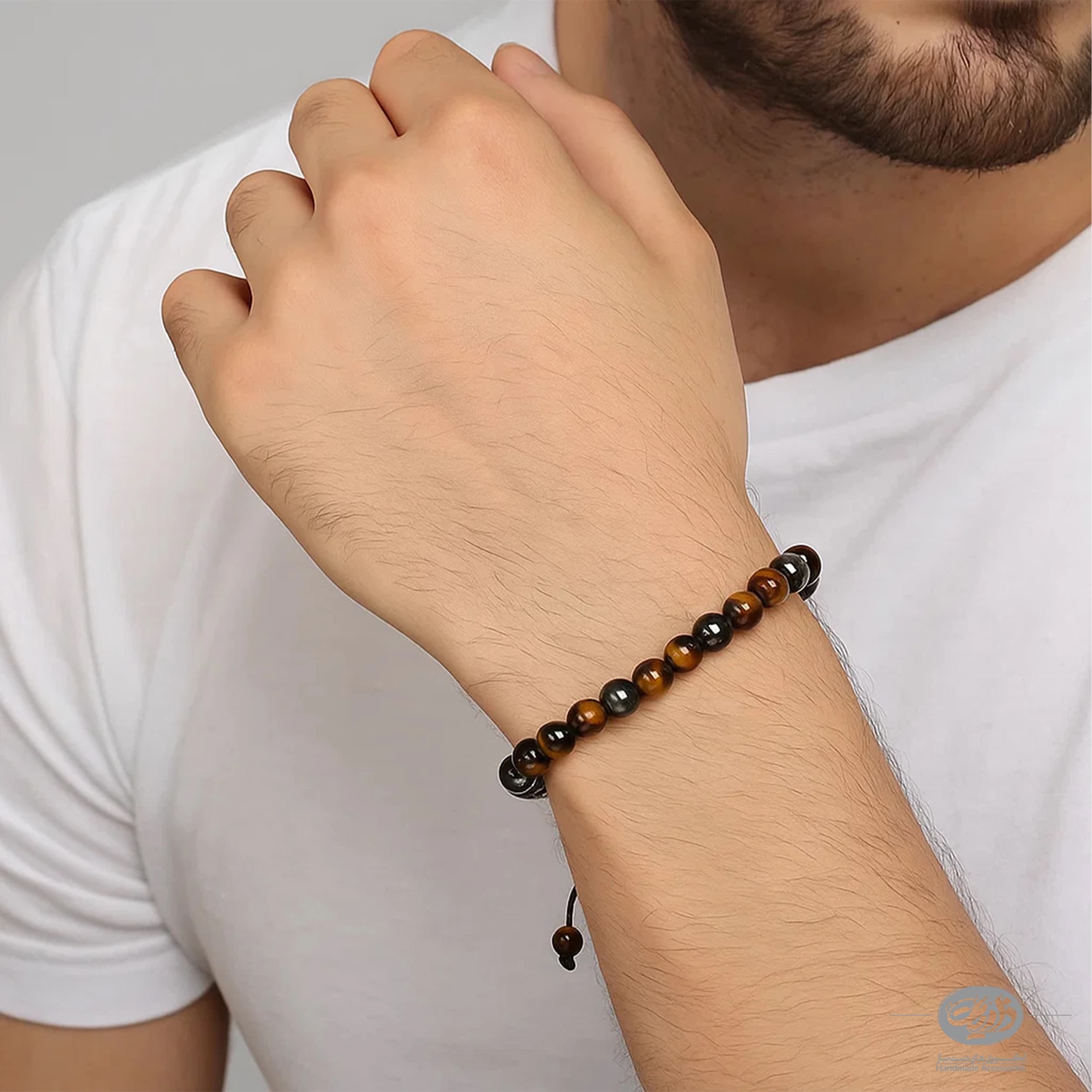 دستبند سنگ طبیعی ذاریات کد (420) | دستبند حدید، انیکس، چشم ببر و مالاکیت