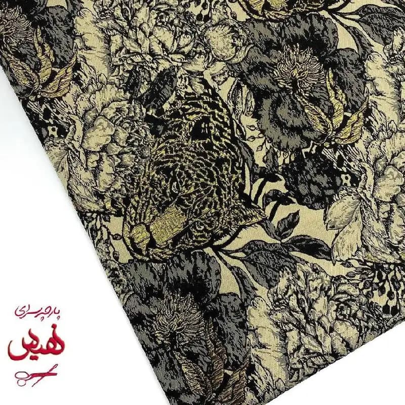 پارچه ژاکارد ترک مانتویی طرح پلنگی رنگ طلایی مشکی