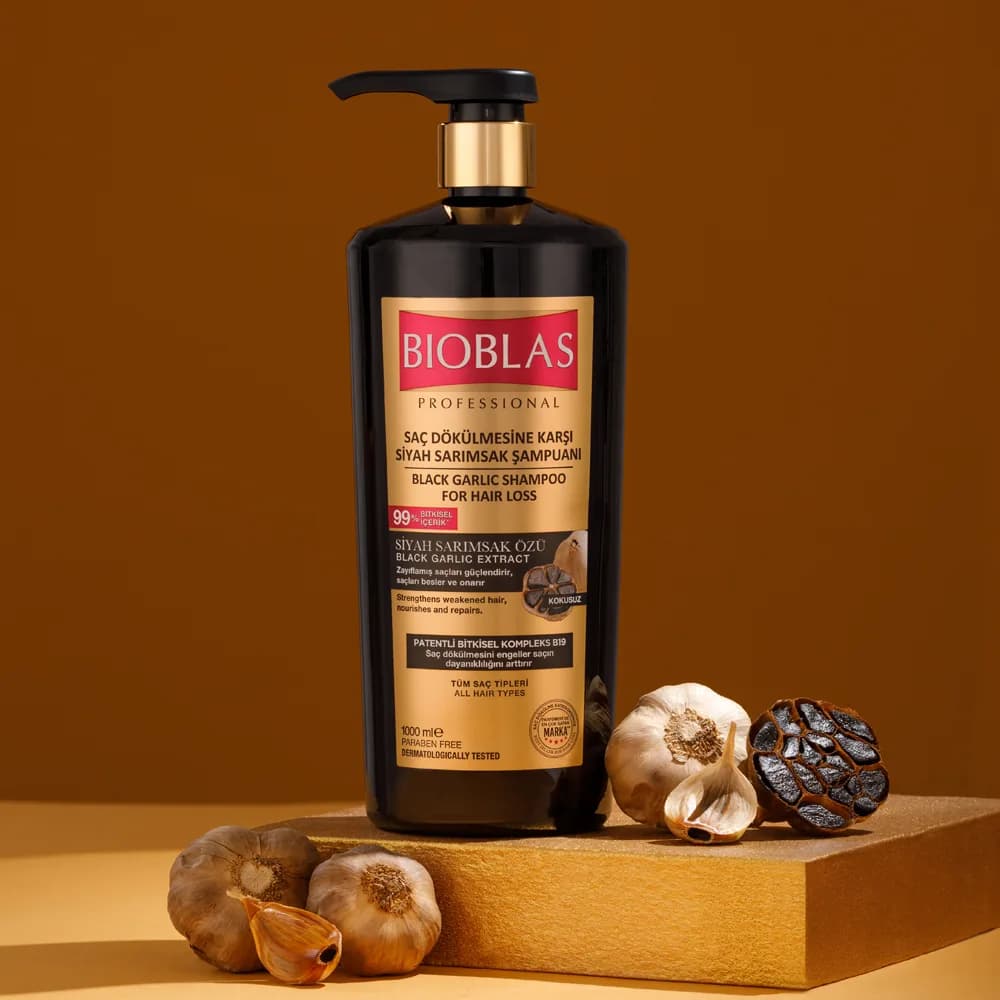 شامپو ضد ریزش مو بیوبلاس Bioblas مدل Black Garlic – حاوی عصاره سیر سیاه – مراقبت از موهای نازک و آسیب دیده | حجم 1000 میلیلیتر — تصویر ۲