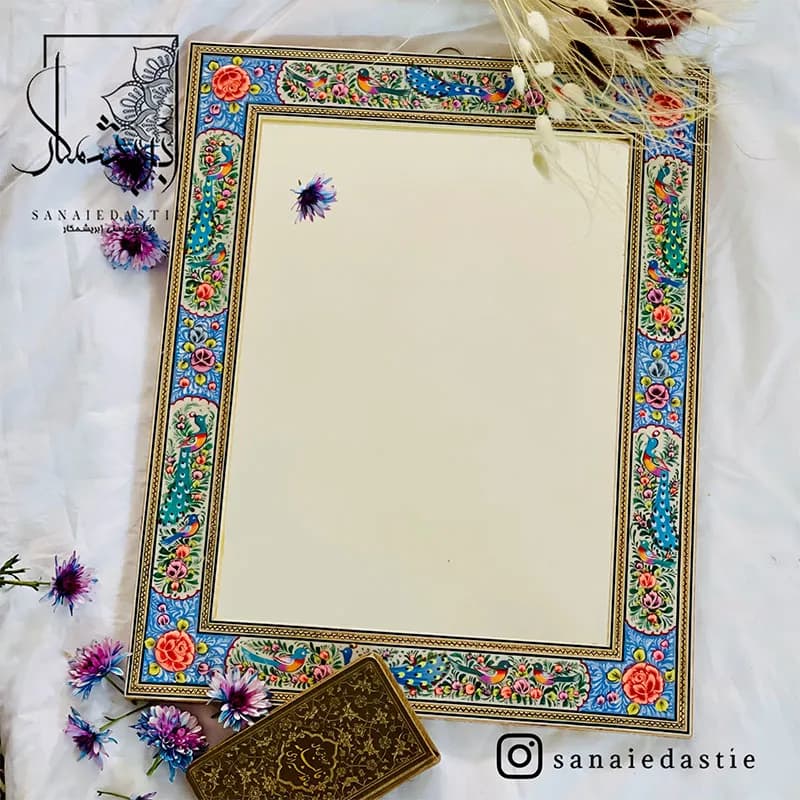 آینه طرح گل و مرغ زمینه لاجوردی سایز ۴۰×۵۰