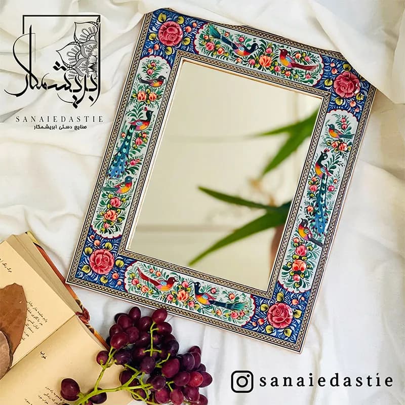 آینه طرح گل و مرغ زمینه لاجوردی سایز 34×28