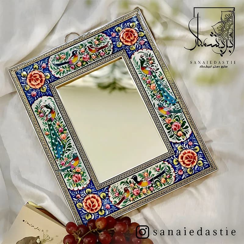 آینه طرح گل و مرغ زمینه لاجوردی سایز 28×22