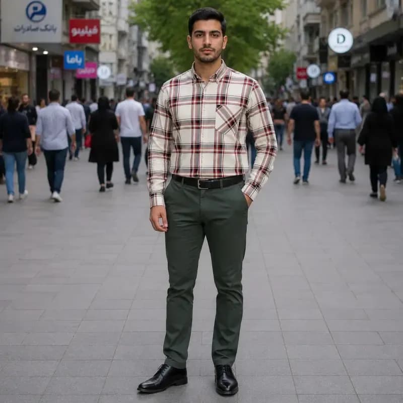پیراهن آستین بلند مردانه نخی چهارخانه قواره آزاد جنس نخ پنبه — تصویر ۵